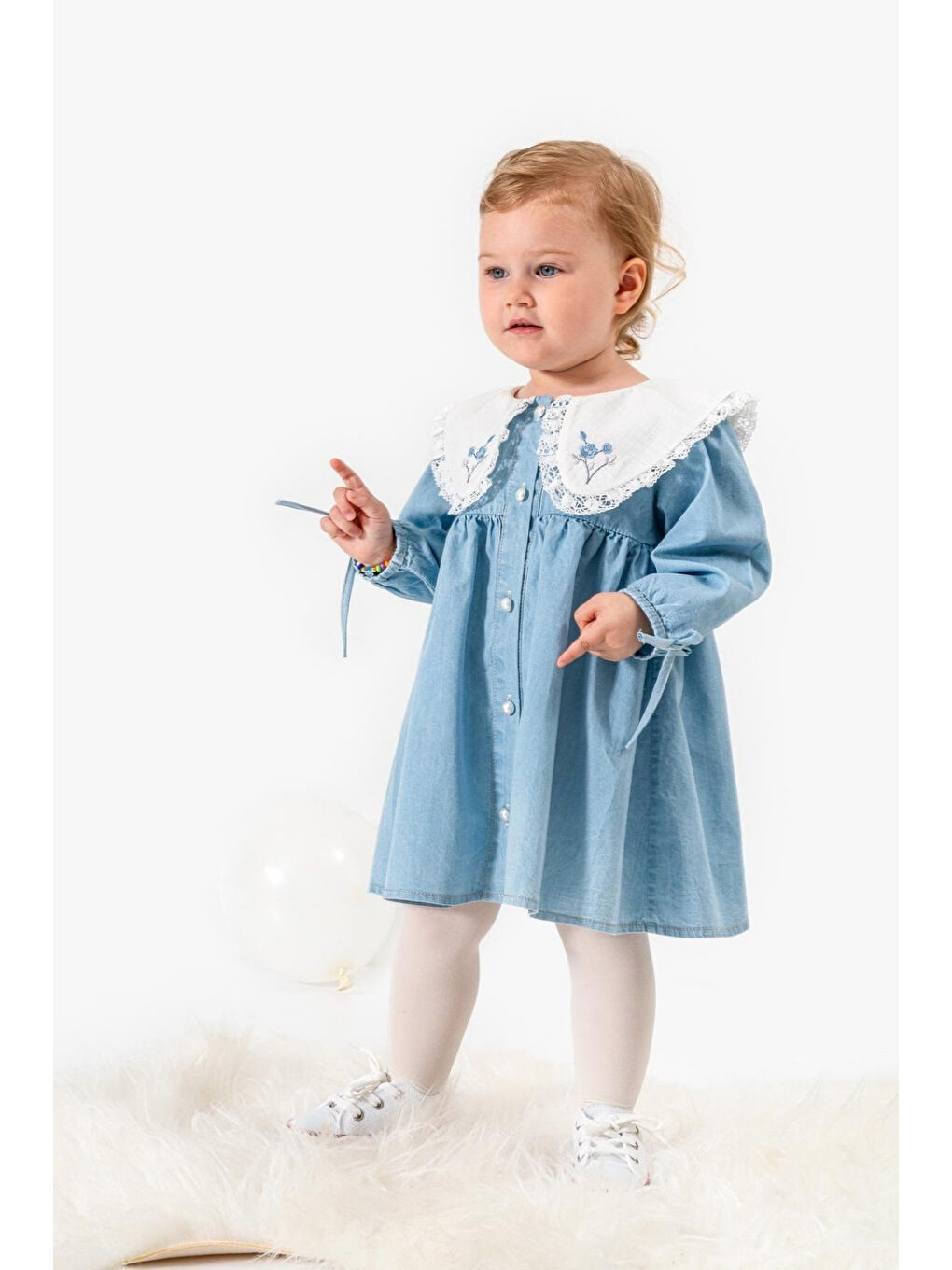 Mavi Çiçek Desenli Yakalı Kız Bebek Elbise - Addys-1