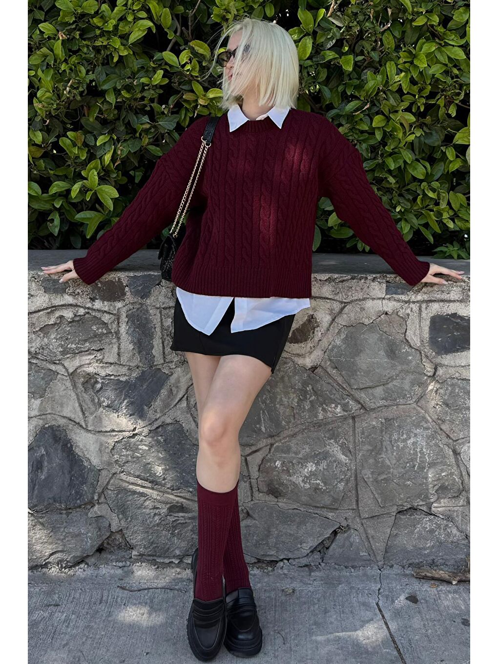 Bordo Bisiklet Yaka Örgü Desenli Kadın Triko Kazak Mg2520-5