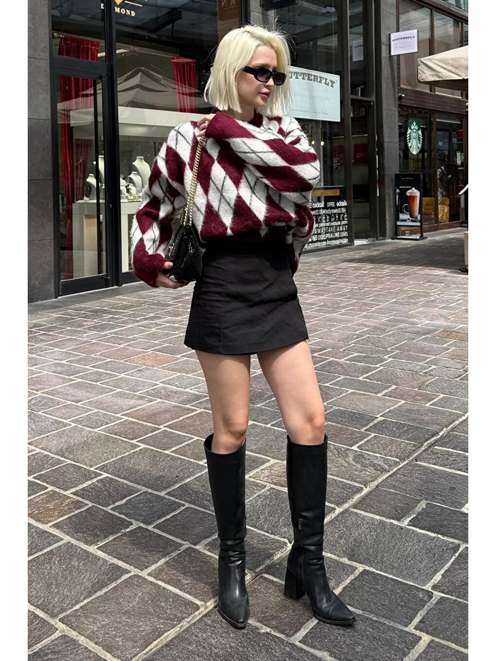 Bordo Bisiklet Yaka Şardonlu Baklava Desenli Kazak Mg2493-6