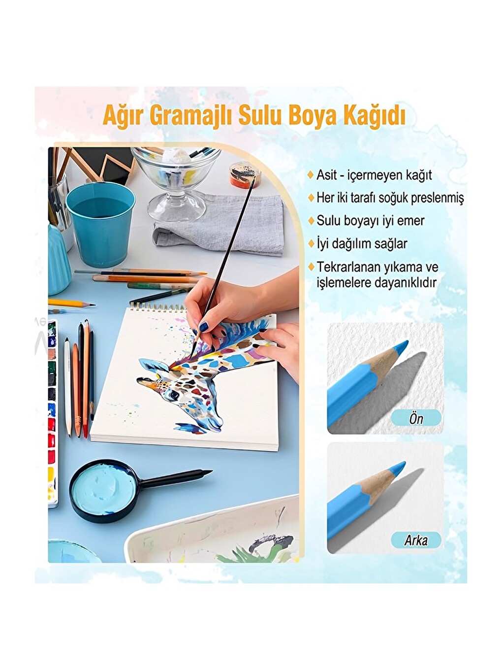 Resim Defteri 50x70 Cm 1 Adet Herboy 120 Gr Sulu Boya Eskiz Defteri Karakalem Çizim 20 Sayfa Dokulu-3