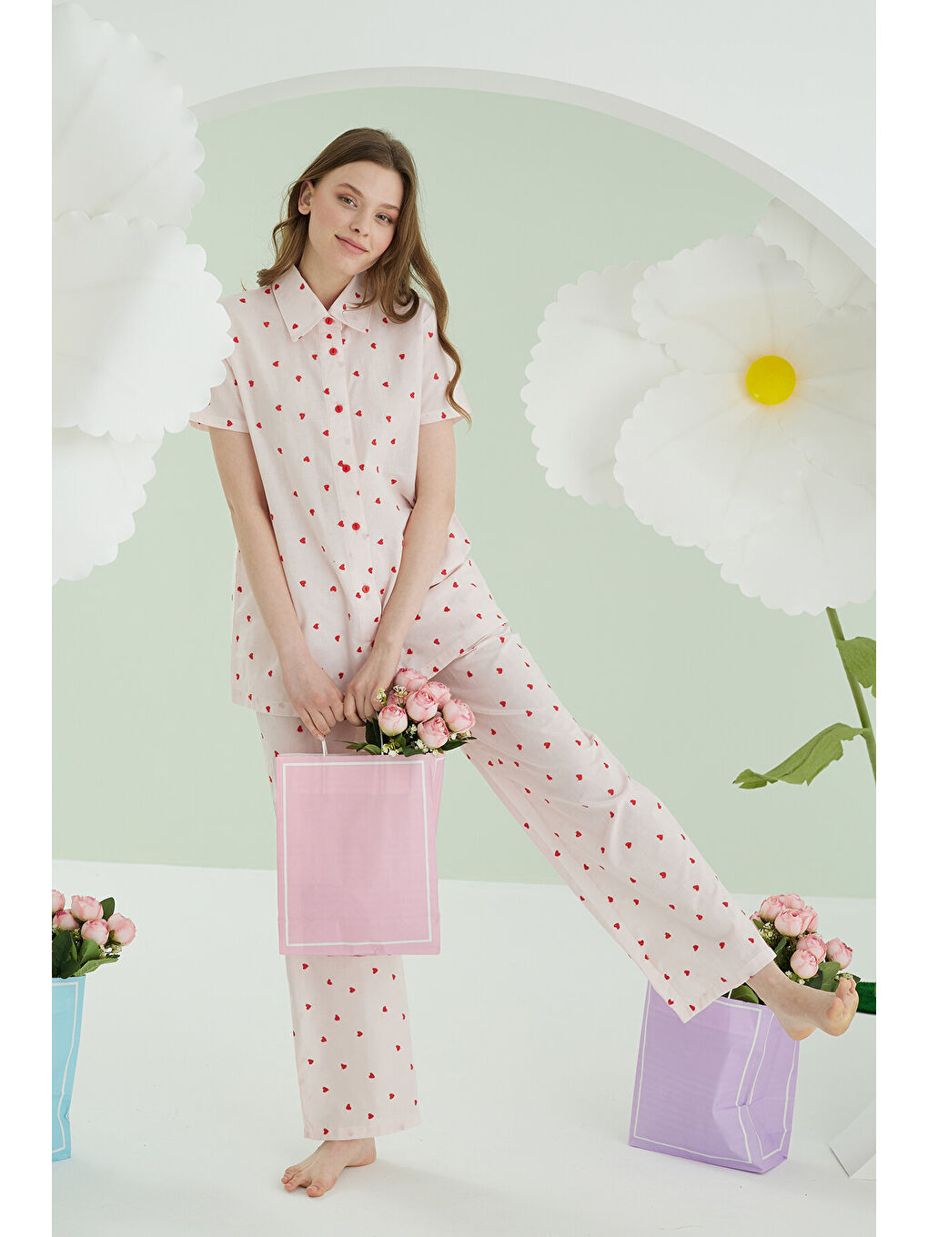 Pembe Kalpli Önden Düğmeli Pijama Takım