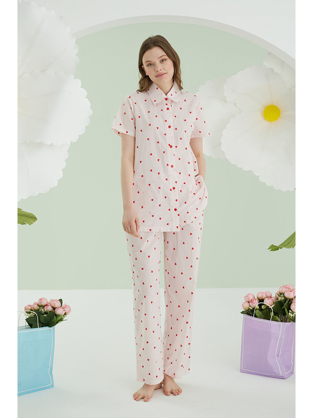 Pembe Kalpli Önden Düğmeli Pijama Takım-1