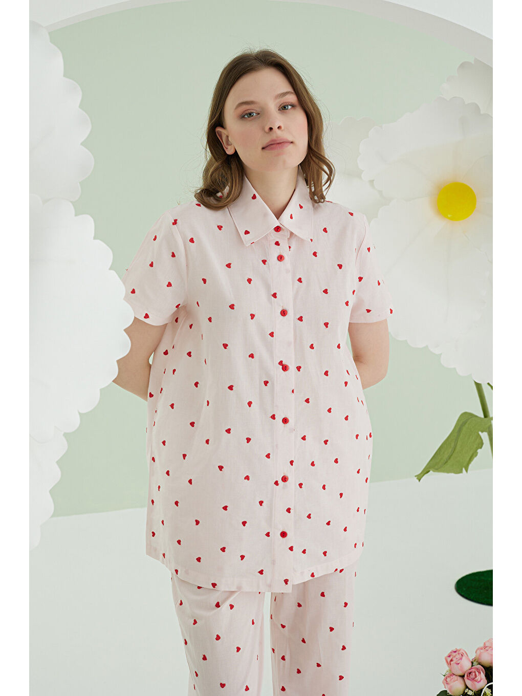 Pembe Kalpli Önden Düğmeli Pijama Takım-2