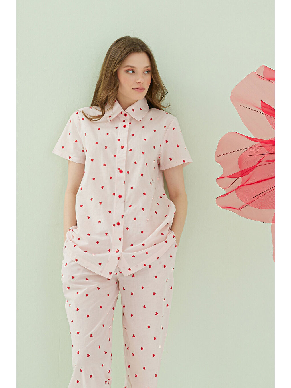 Pembe Kalpli Önden Düğmeli Pijama Takım-3