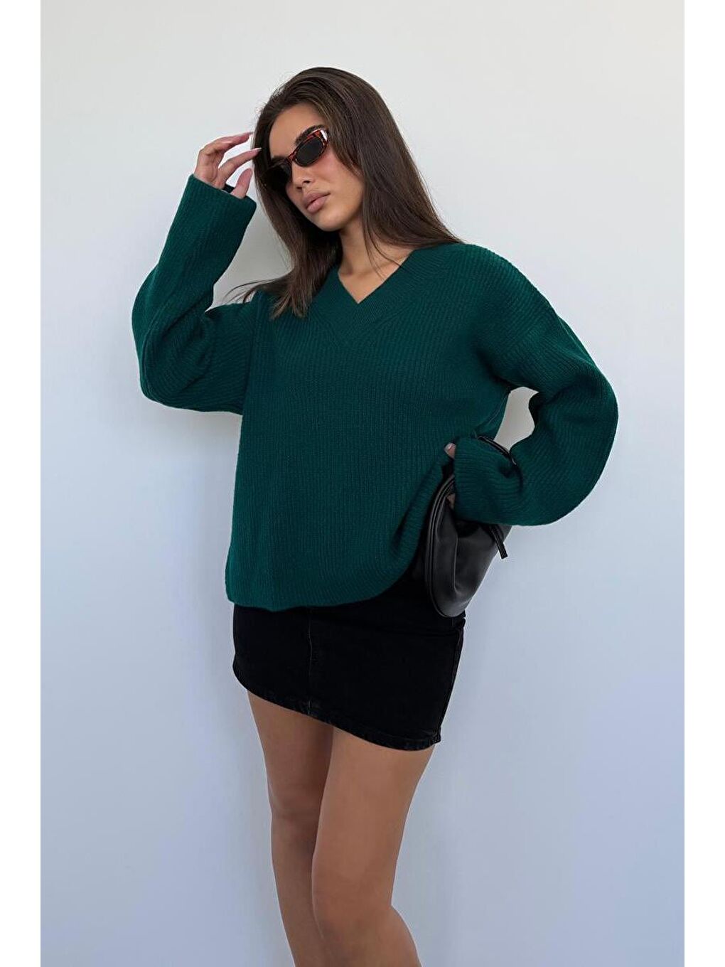 Petrol Yeşili V Yaka Triko Kadın Kazak Mg2501-1