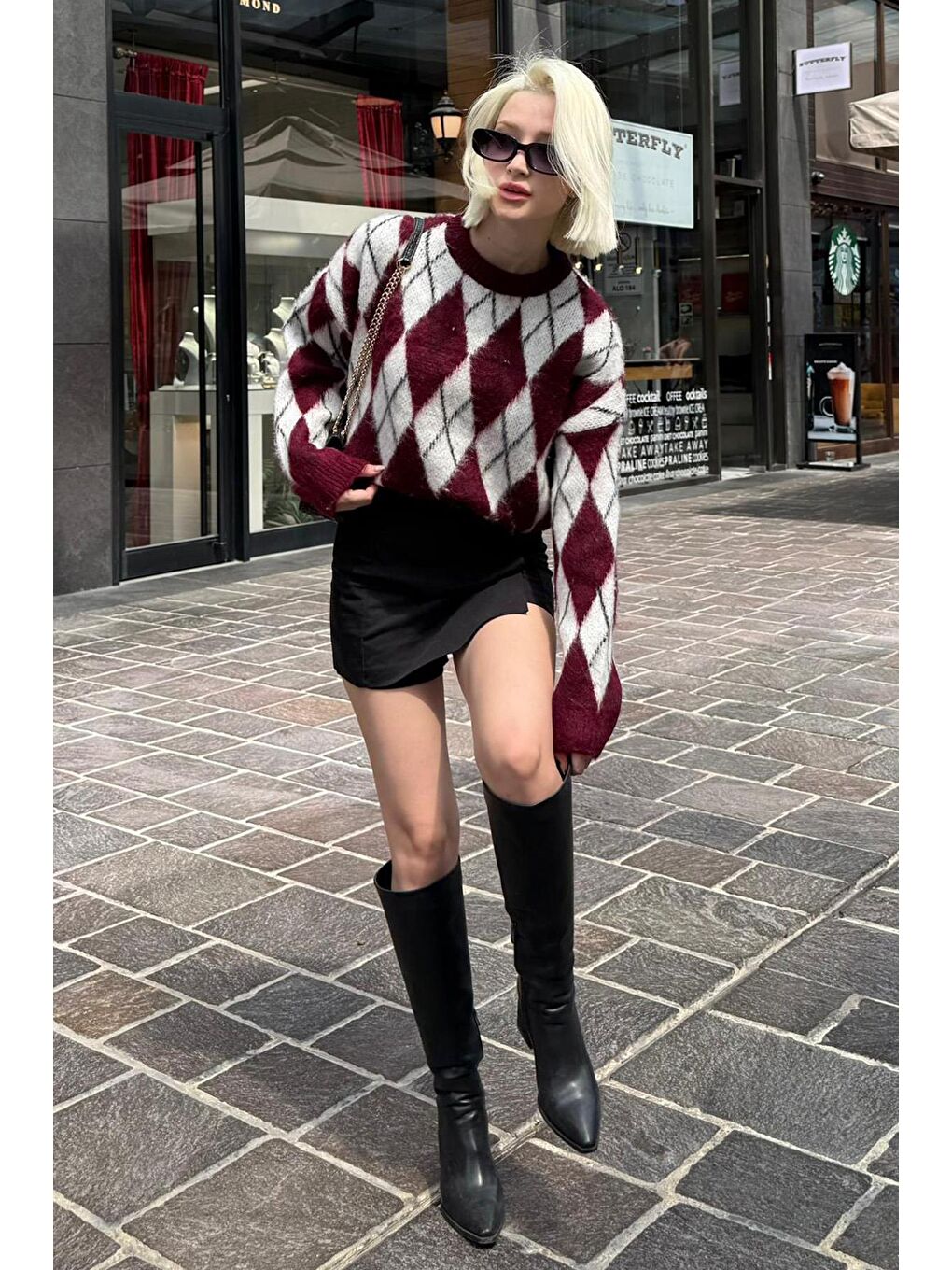 Bordo Bisiklet Yaka Şardonlu Baklava Desenli Kazak Mg2493-7