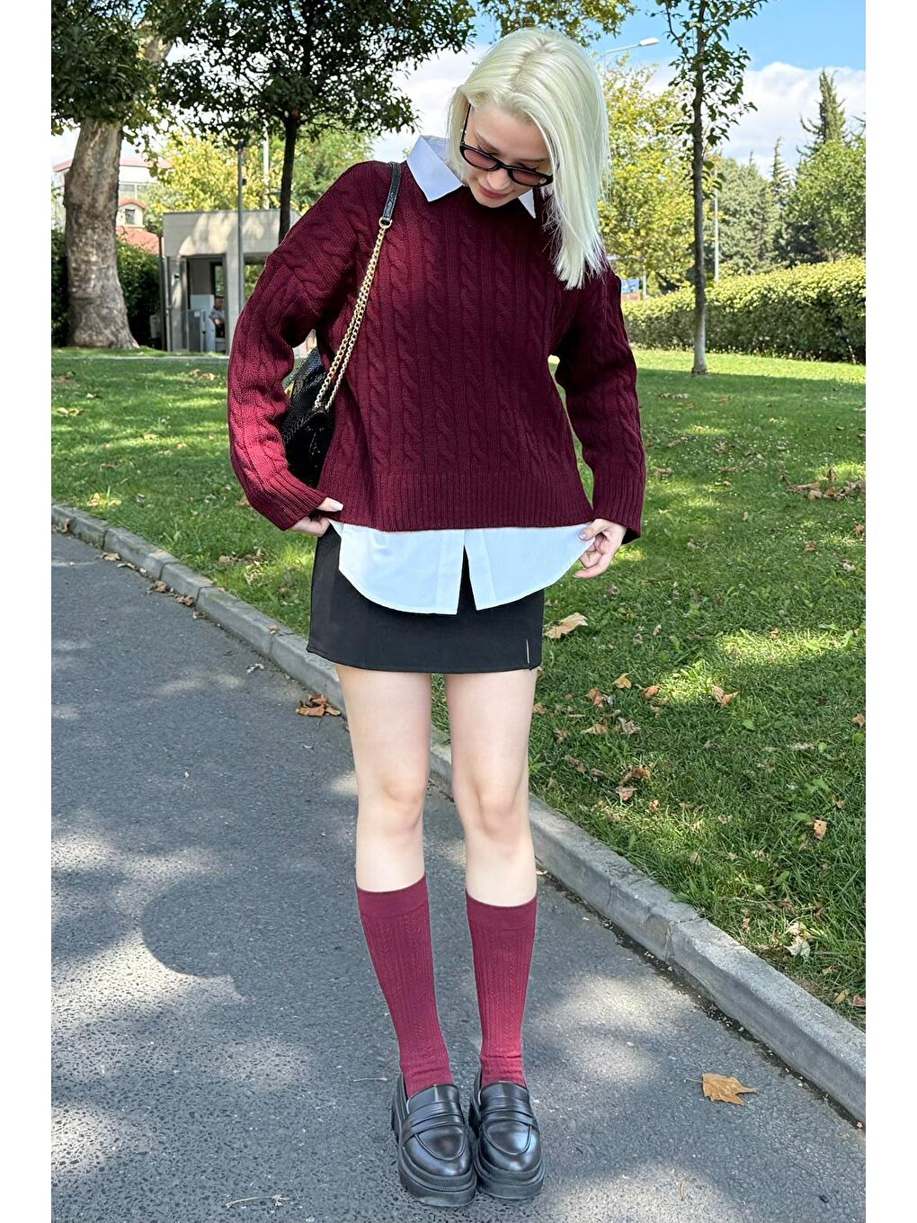 Bordo Bisiklet Yaka Örgü Desenli Kadın Triko Kazak Mg2520-6