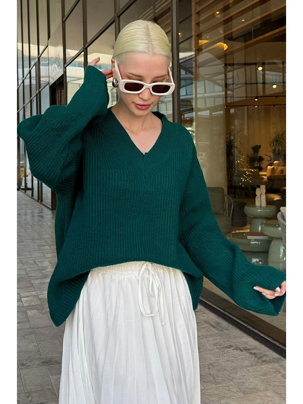 Petrol Yeşili V Yaka Triko Kadın Kazak Mg2501-3
