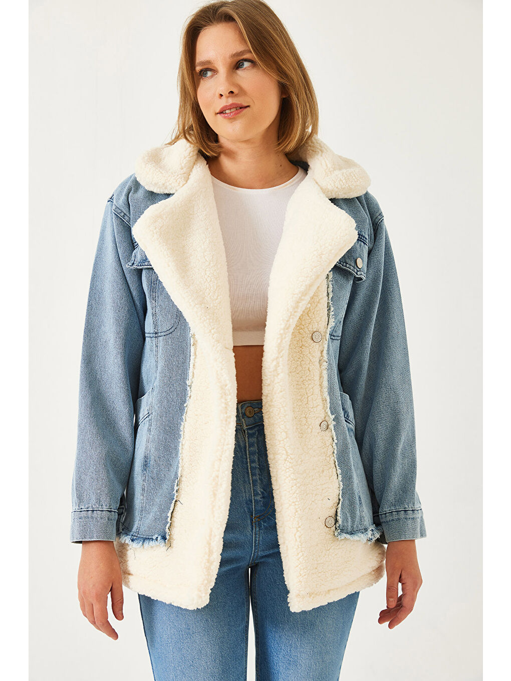 Bej Kadın Tedy Astar Detay Dört Cepli Denim Mont-1