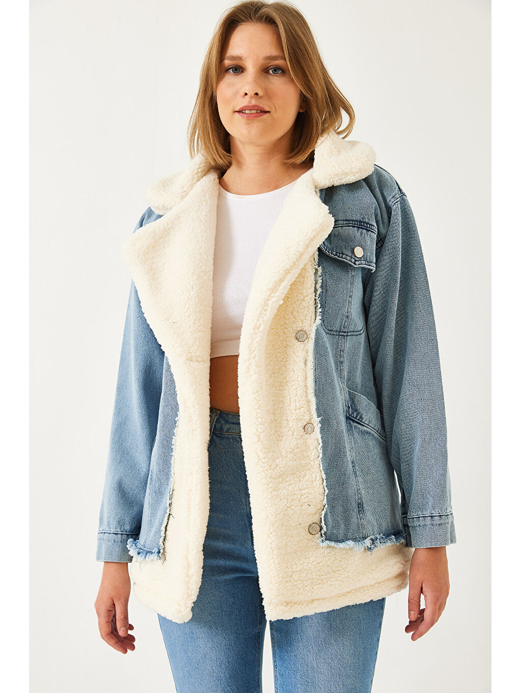 Bej Kadın Tedy Astar Detay Dört Cepli Denim Mont-2