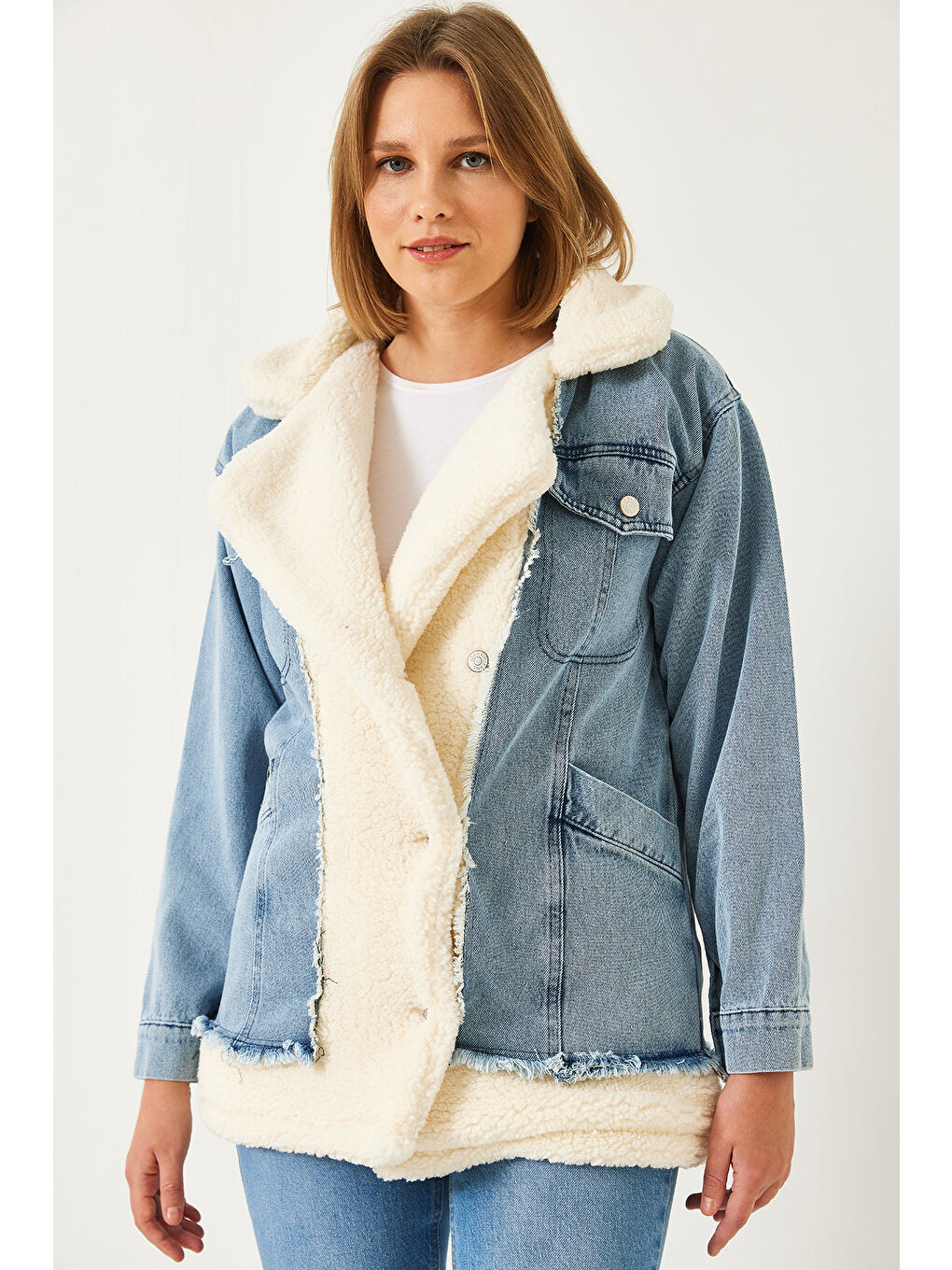 Bej Kadın Tedy Astar Detay Dört Cepli Denim Mont-3