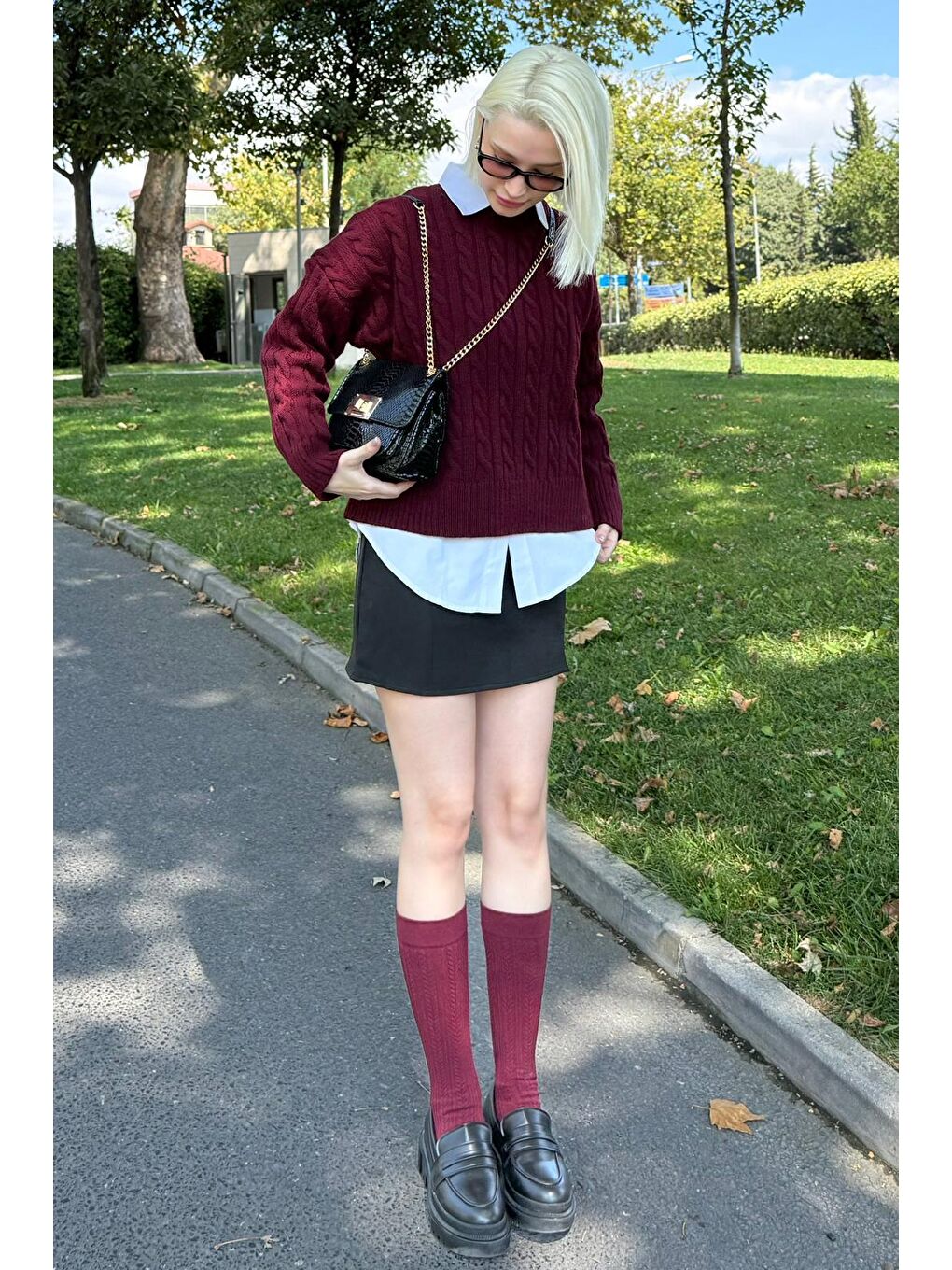 Bordo Bisiklet Yaka Örgü Desenli Kadın Triko Kazak Mg2520-7