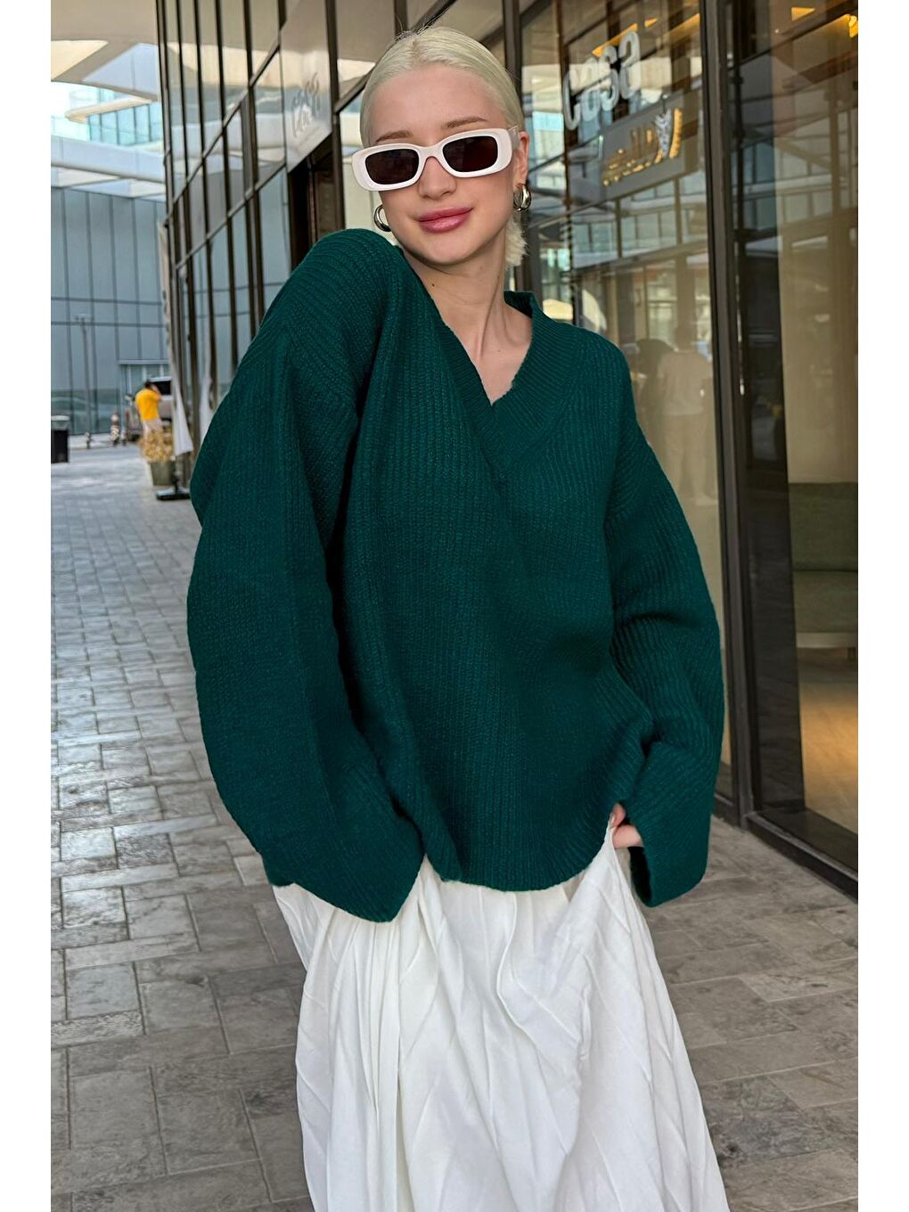 Petrol Yeşili V Yaka Triko Kadın Kazak Mg2501-5