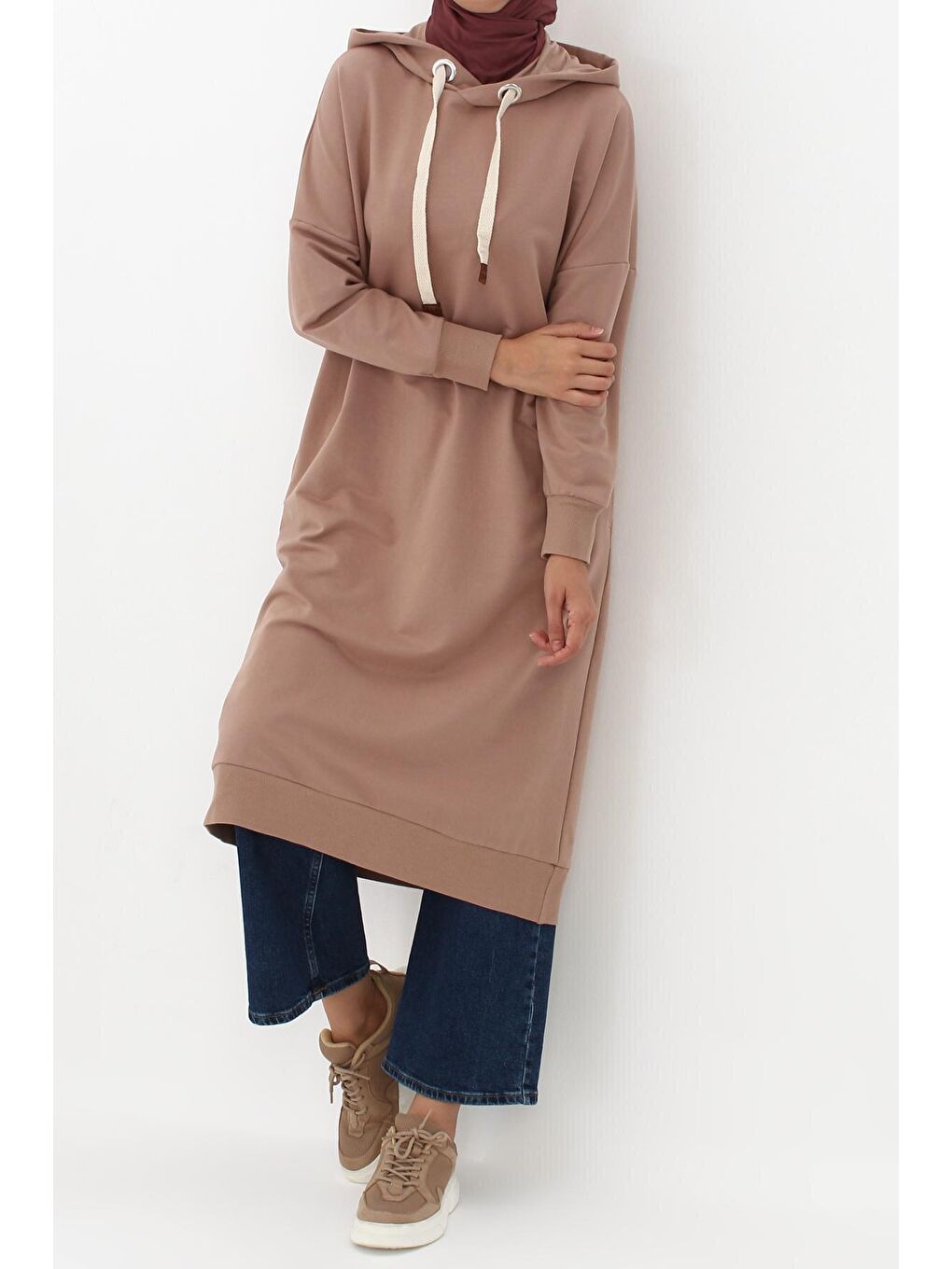 Bej Vizon Kuşgözlü Kapüşonlu Cepli Sweat Tunik