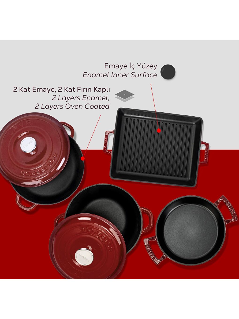 Bordo Döküm 7 Parça Set – Tencere, Sahan ve Izgara ile Şef Dokunuş-5