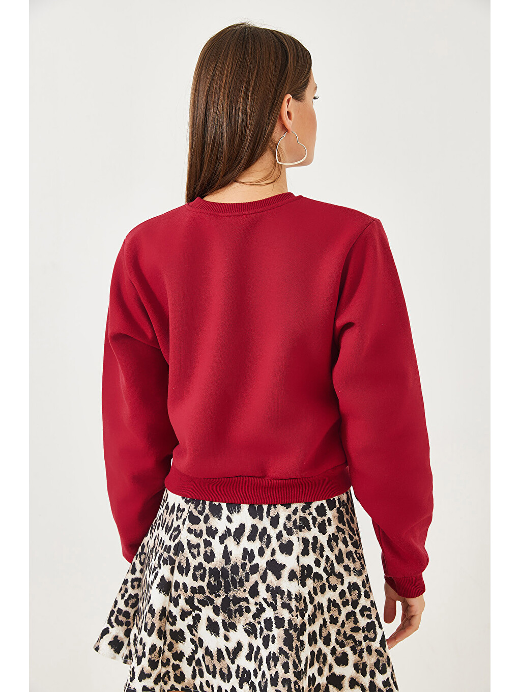 Bordo Kadın Bisiklet Yaka Şardonlu Basic Crop Sweatshirt-2
