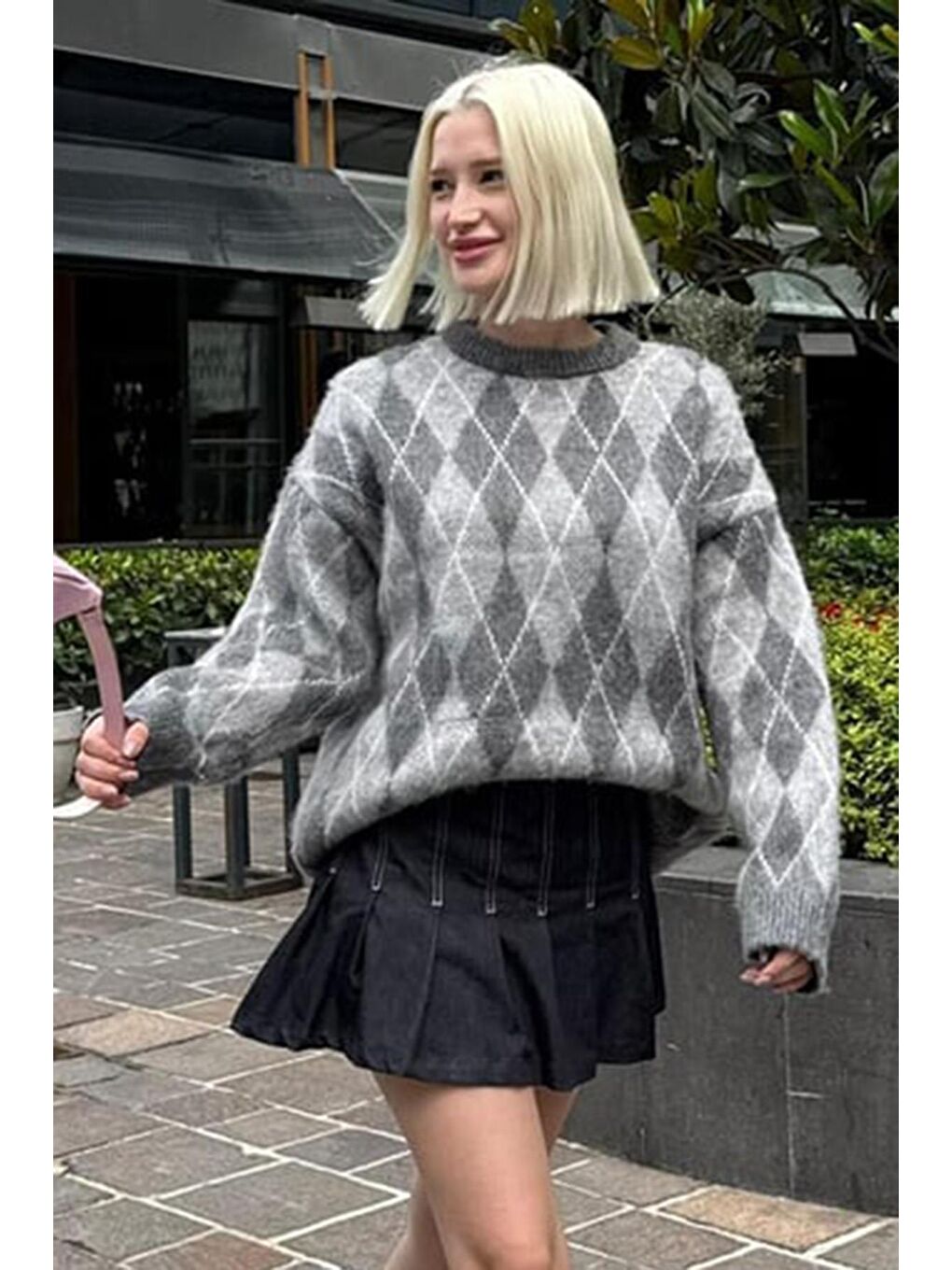 Antrasit Bisiklet Yaka Şardonlu Baklava Desenli Kazak Mg2493