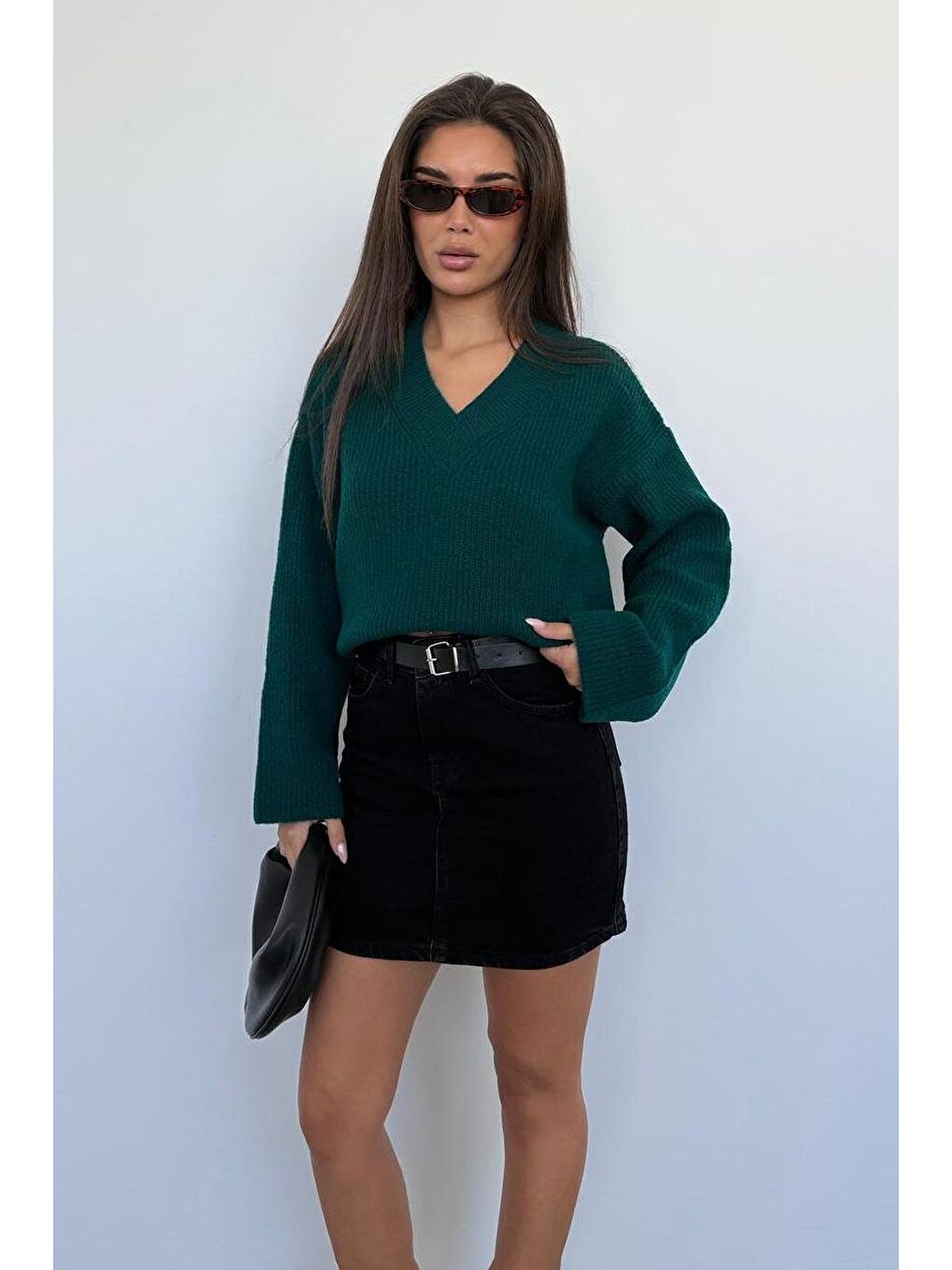 Petrol Yeşili V Yaka Triko Kadın Kazak Mg2501-6