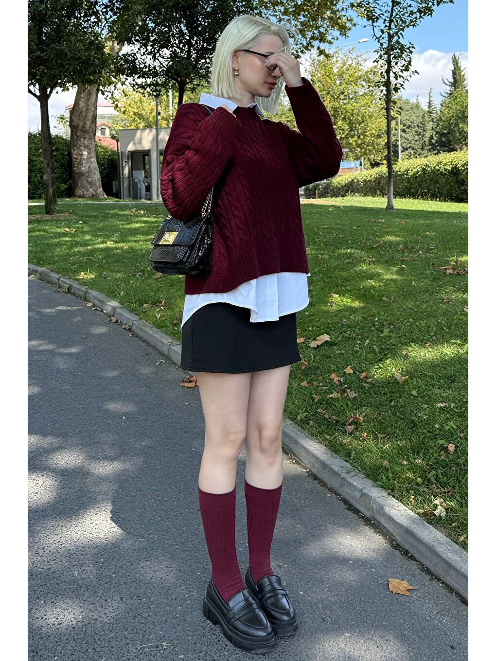 Bordo Bisiklet Yaka Örgü Desenli Kadın Triko Kazak Mg2520-8