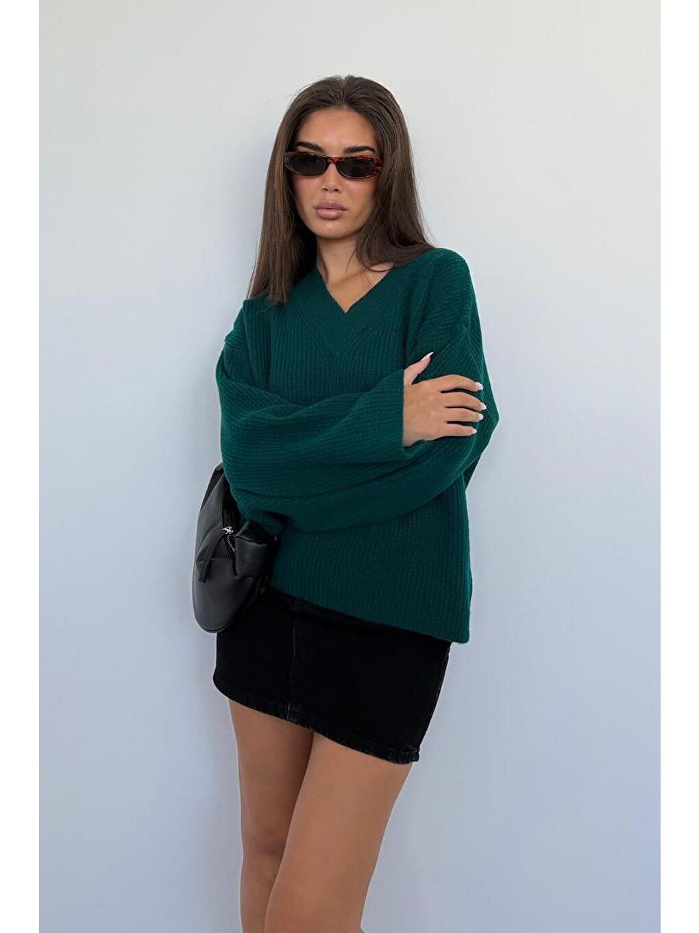 Petrol Yeşili V Yaka Triko Kadın Kazak Mg2501-7