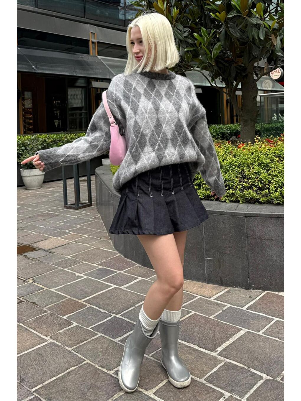 Antrasit Bisiklet Yaka Şardonlu Baklava Desenli Kazak Mg2493-1