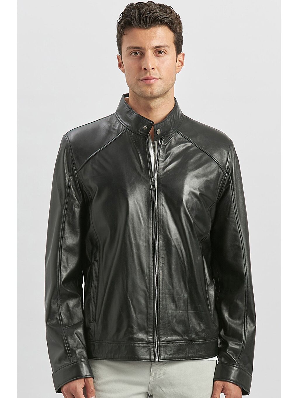 Siyah Hakiki Deri Dik Yaka Astarlı Slim Fit Dar Kesim Casual Deri Mont 1038235153-4