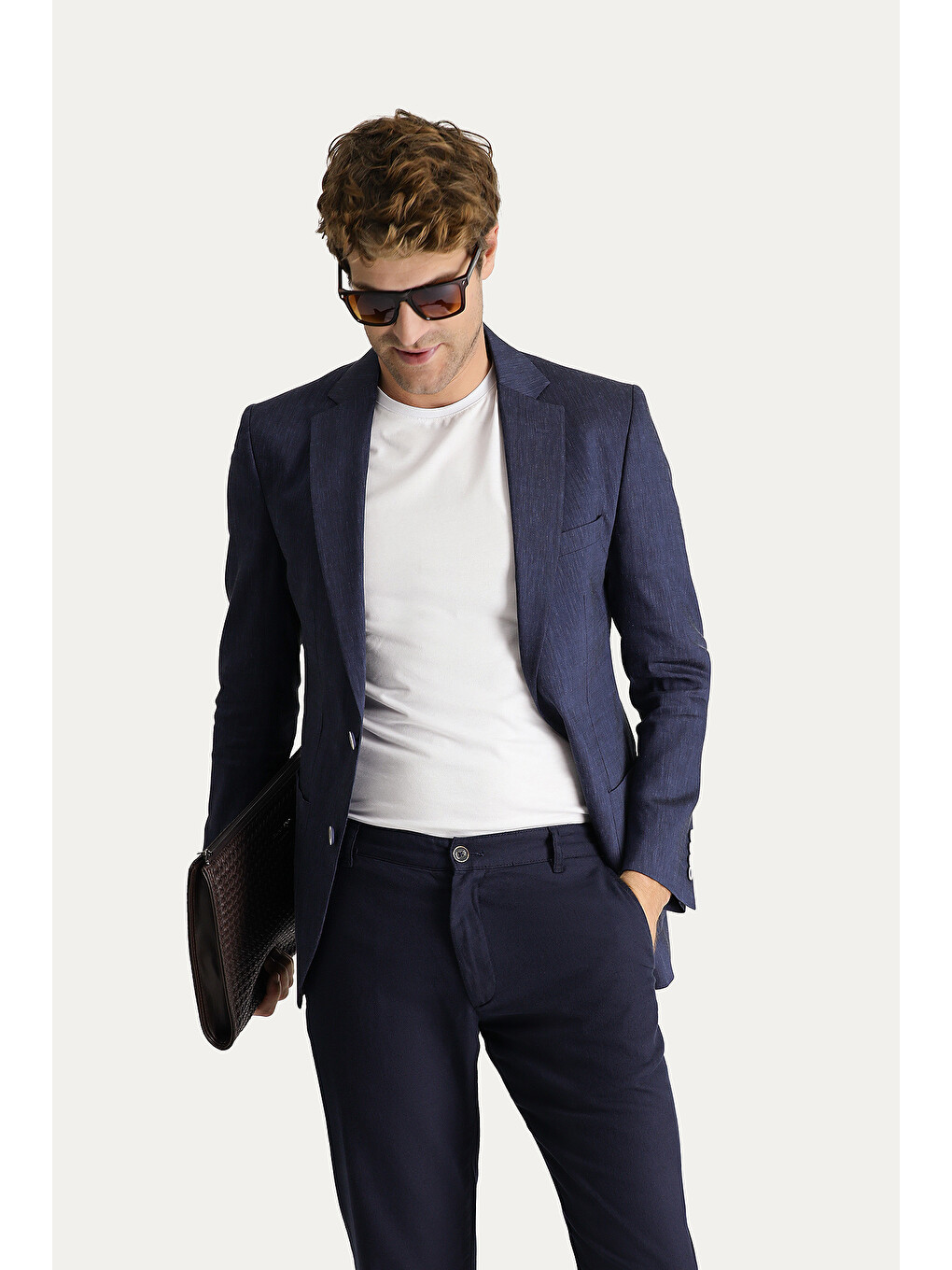 Lacivert Keten Karışımlı Spor Blazer Ceket-1