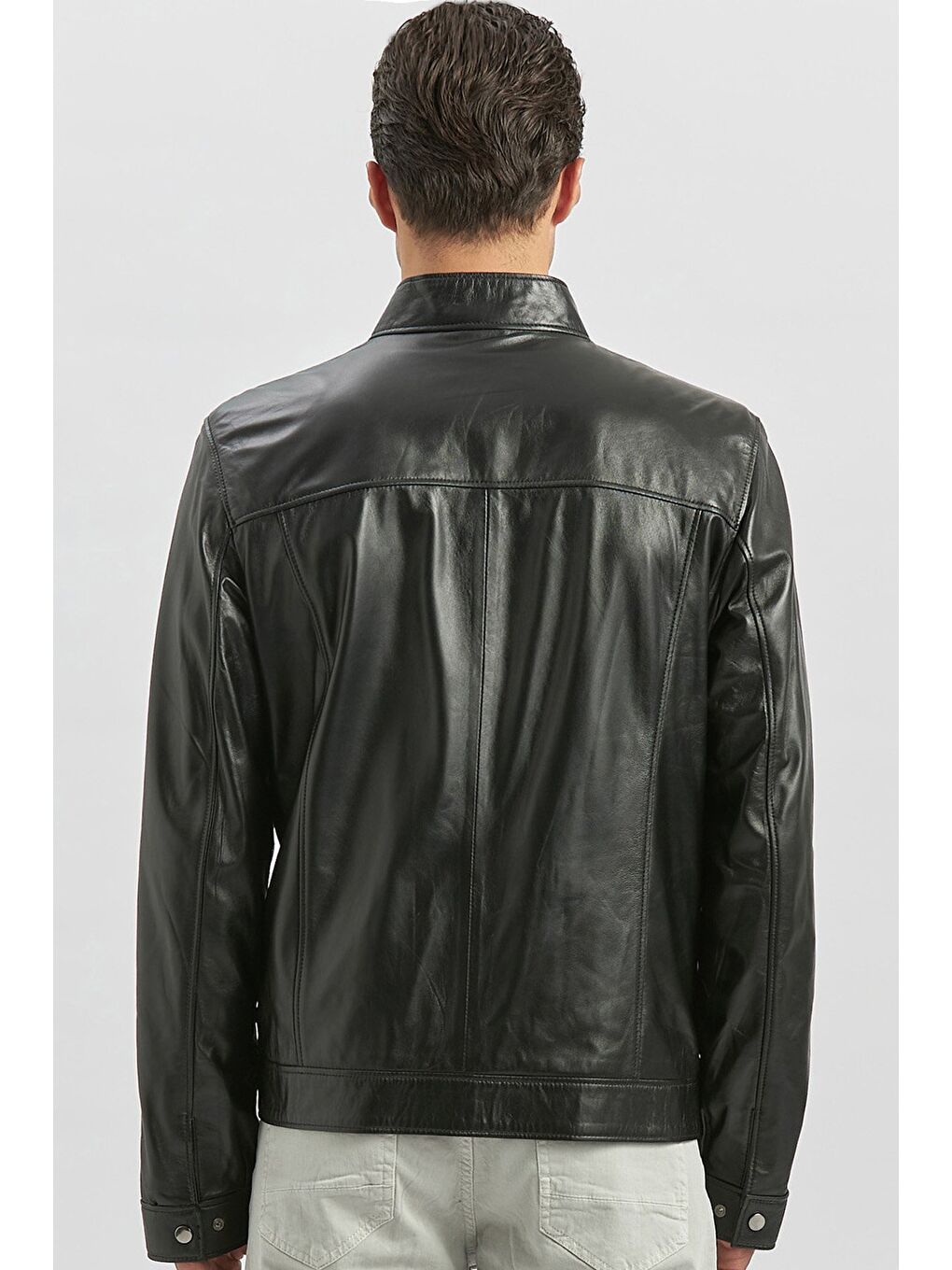 Siyah Hakiki Deri Dik Yaka Astarlı Slim Fit Dar Kesim Casual Deri Mont 1038235153-5