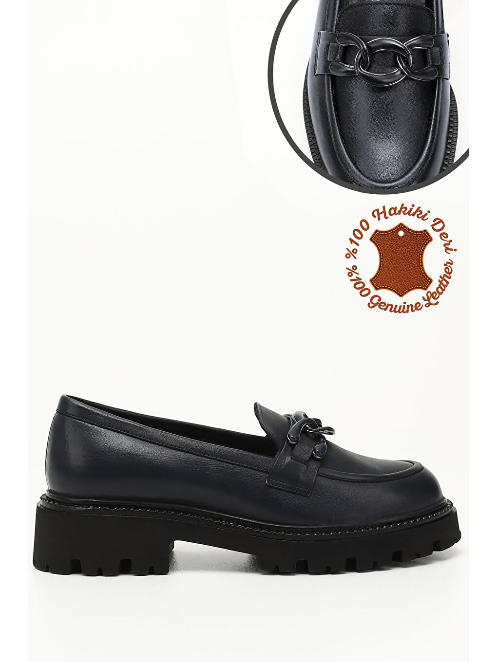 Lacivert Kadın AÇIK LACİVERT Kalın Topuklu Tokalı Hakiki Deri Loafer Ayakkabı-2