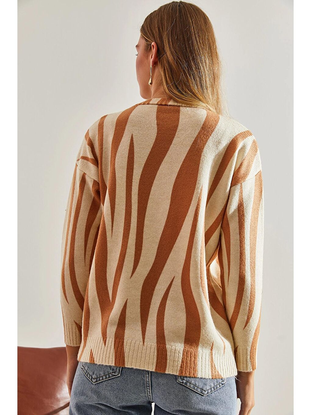 Bej Kadın Parçalı Triko Kazak-1