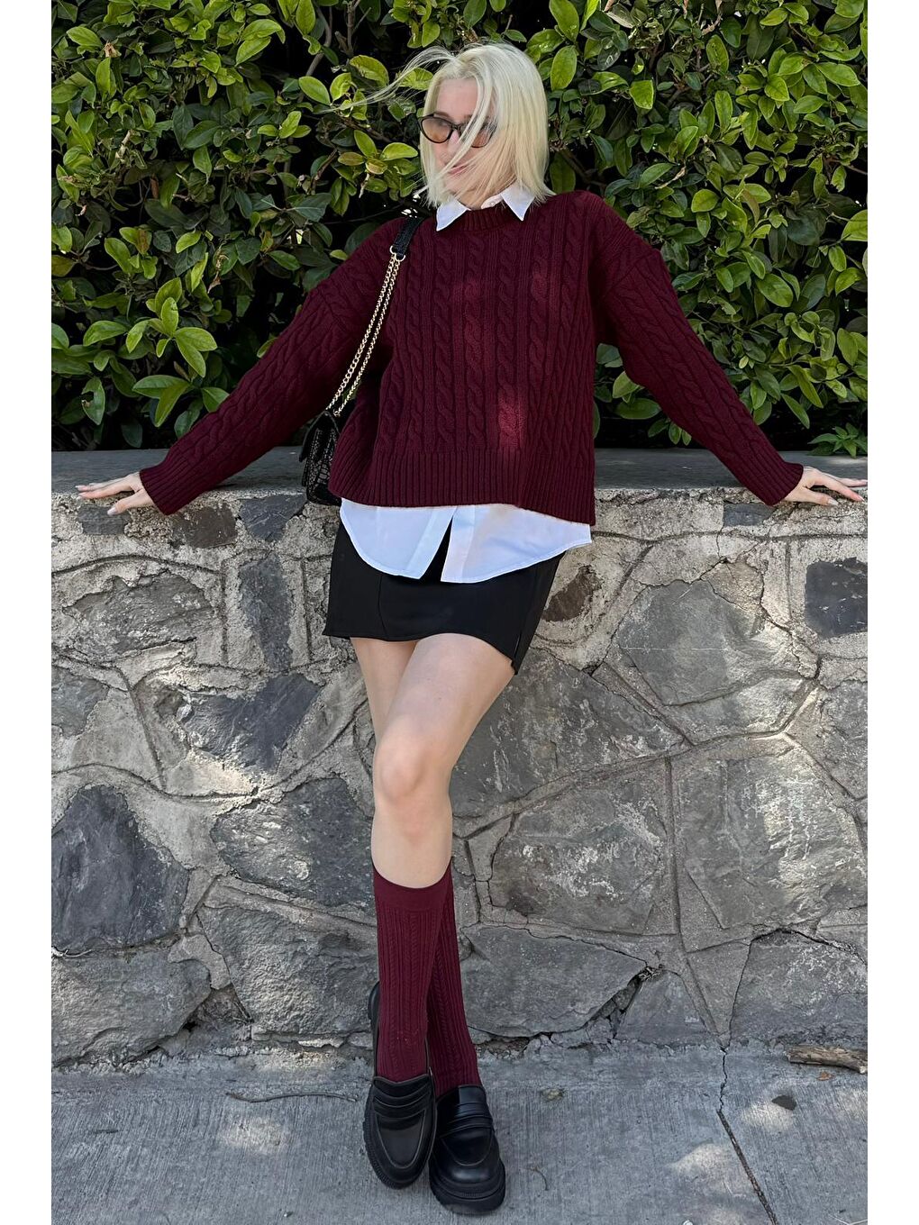 Bordo Bisiklet Yaka Örgü Desenli Kadın Triko Kazak Mg2520-9