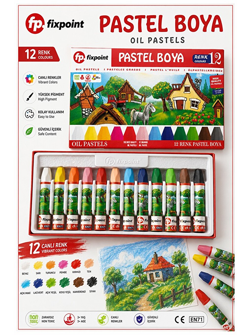 Pastel Boya 12 Renk 1 Paket Fixpoint Pastel Boya 12 Li Karton Kutulu Parlak Canlı Ve Örtücü Renkler