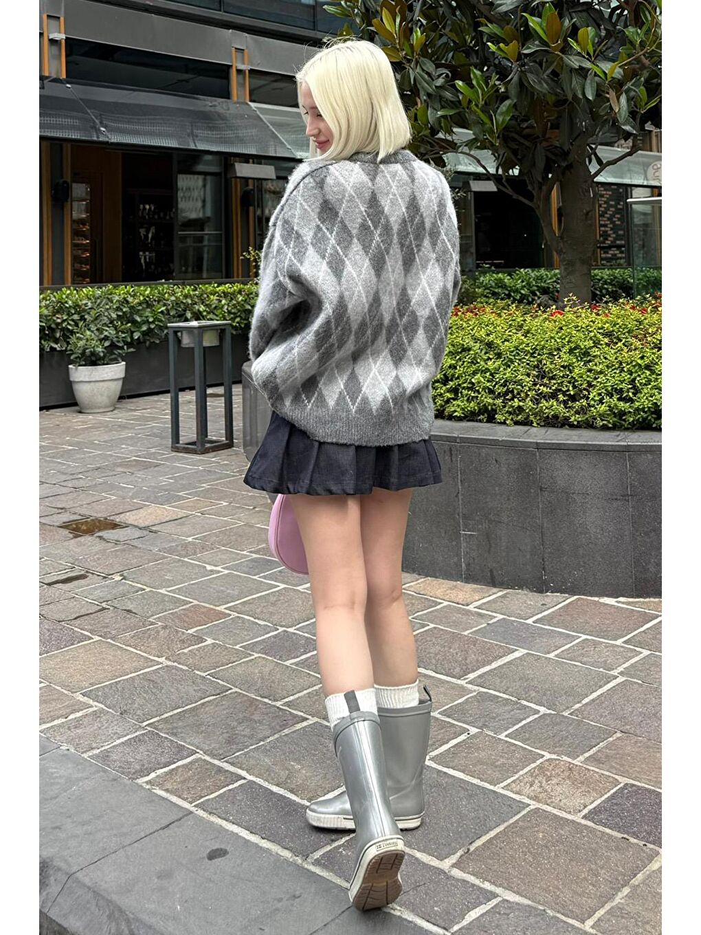 Antrasit Bisiklet Yaka Şardonlu Baklava Desenli Kazak Mg2493-2