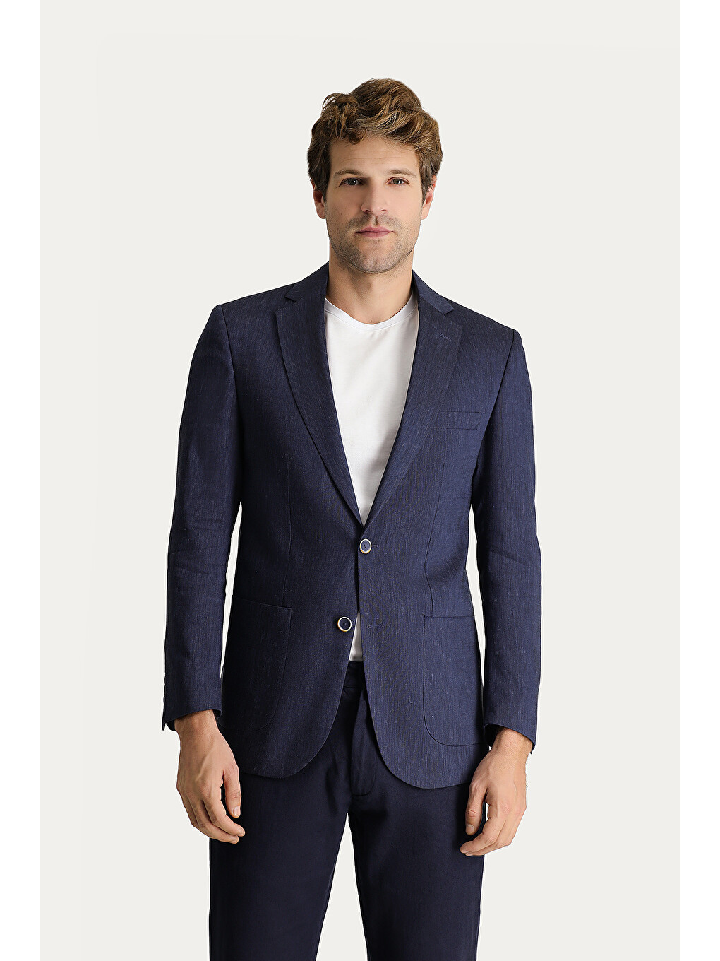 Lacivert Keten Karışımlı Spor Blazer Ceket-3