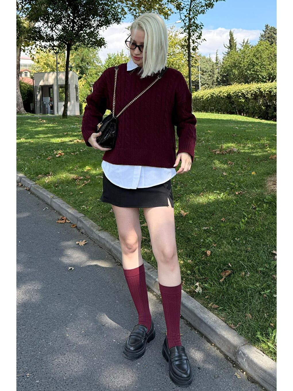 Bordo Bisiklet Yaka Örgü Desenli Kadın Triko Kazak Mg2520-10