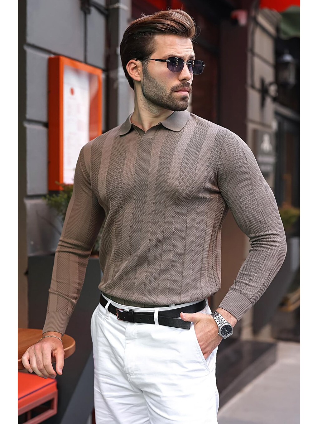 Açık Kahverengi Regular Fit Polo Yaka Triko Erkek Kazak E7509-1