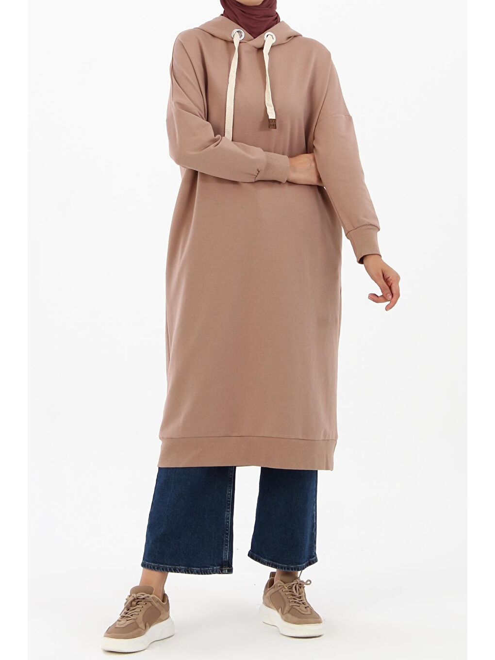Bej Vizon Kuşgözlü Kapüşonlu Cepli Sweat Tunik-1