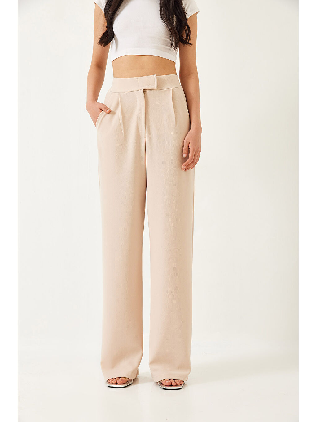 Bej Kadın Beli Cırtlı Rahat Palazzo Pantolon-2