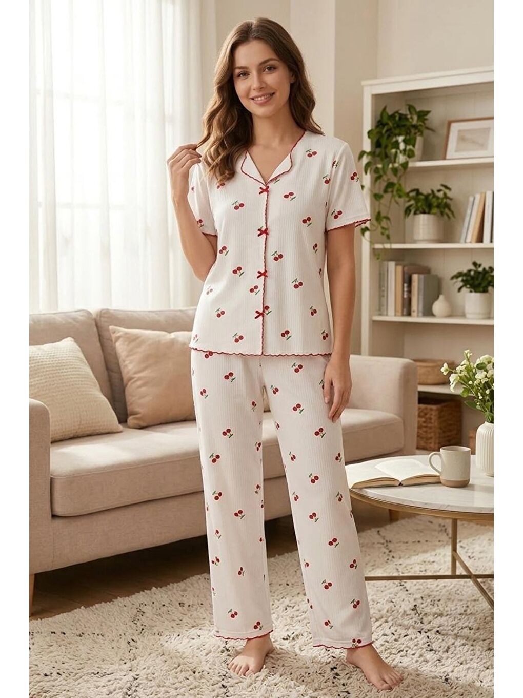 Ekru Fiyonk ve Puantiye Desenli V Yaka Pijama Takımı-1