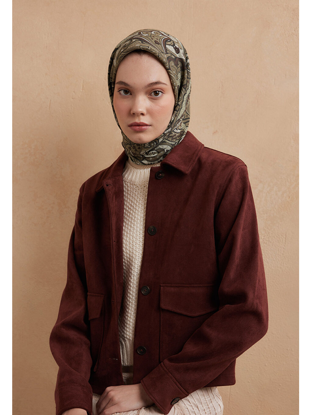 Sıara Desen Pamuk İpek Eşarp Küf Yeşili-1