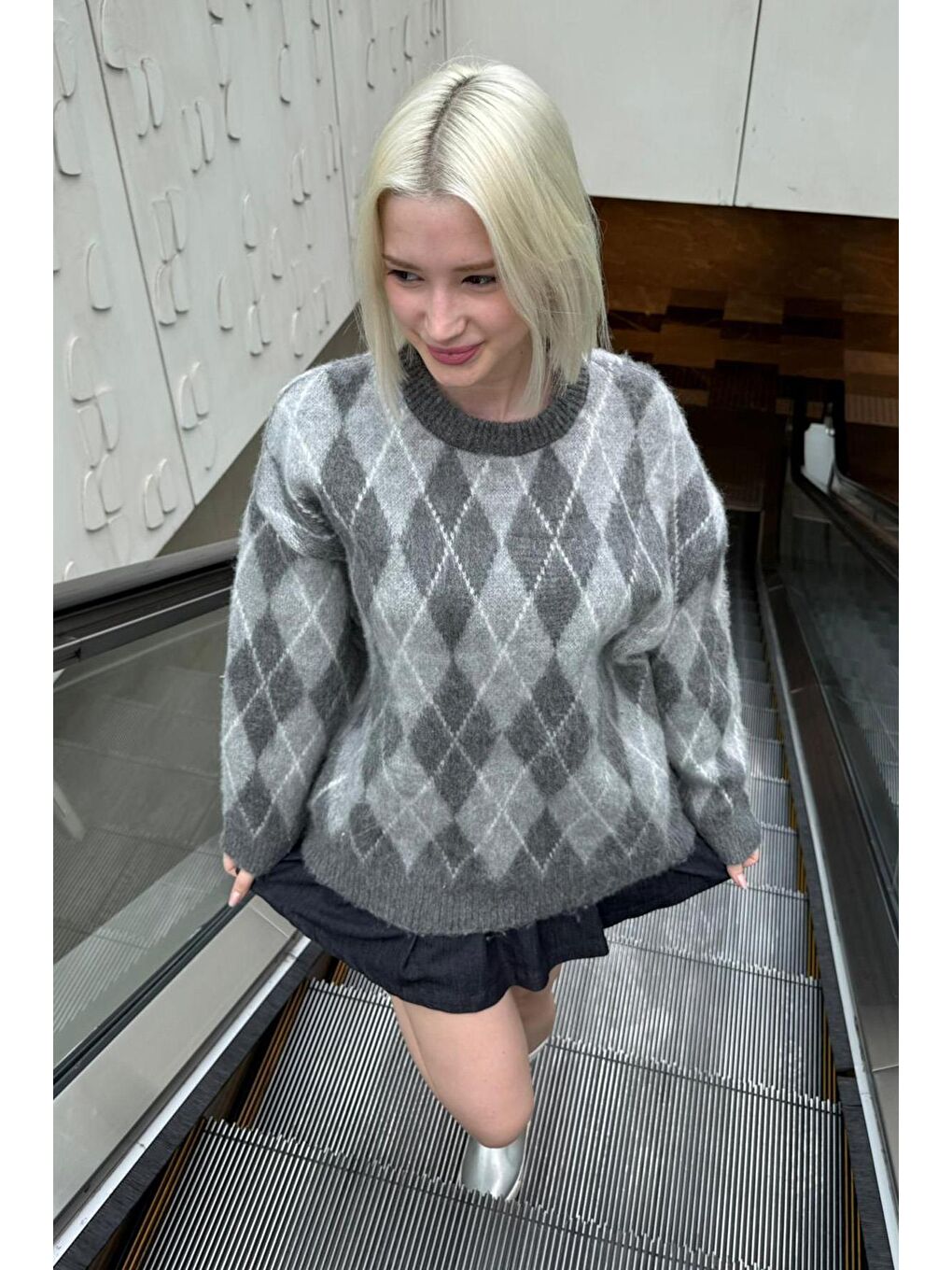 Antrasit Bisiklet Yaka Şardonlu Baklava Desenli Kazak Mg2493-4