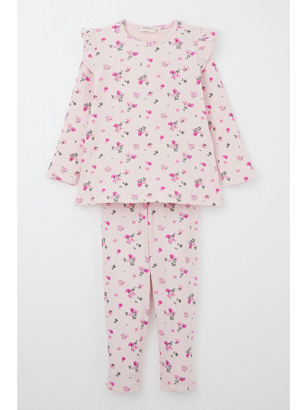 Kız Çocuk Taytlı Takım Çiçek Desenli Omuzu Fırfırlı Pembe (2-3 Yaş)