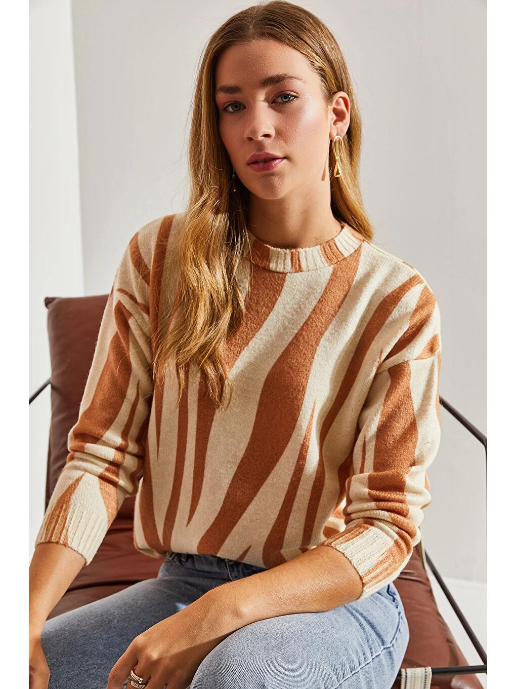 Bej Kadın Parçalı Triko Kazak-2