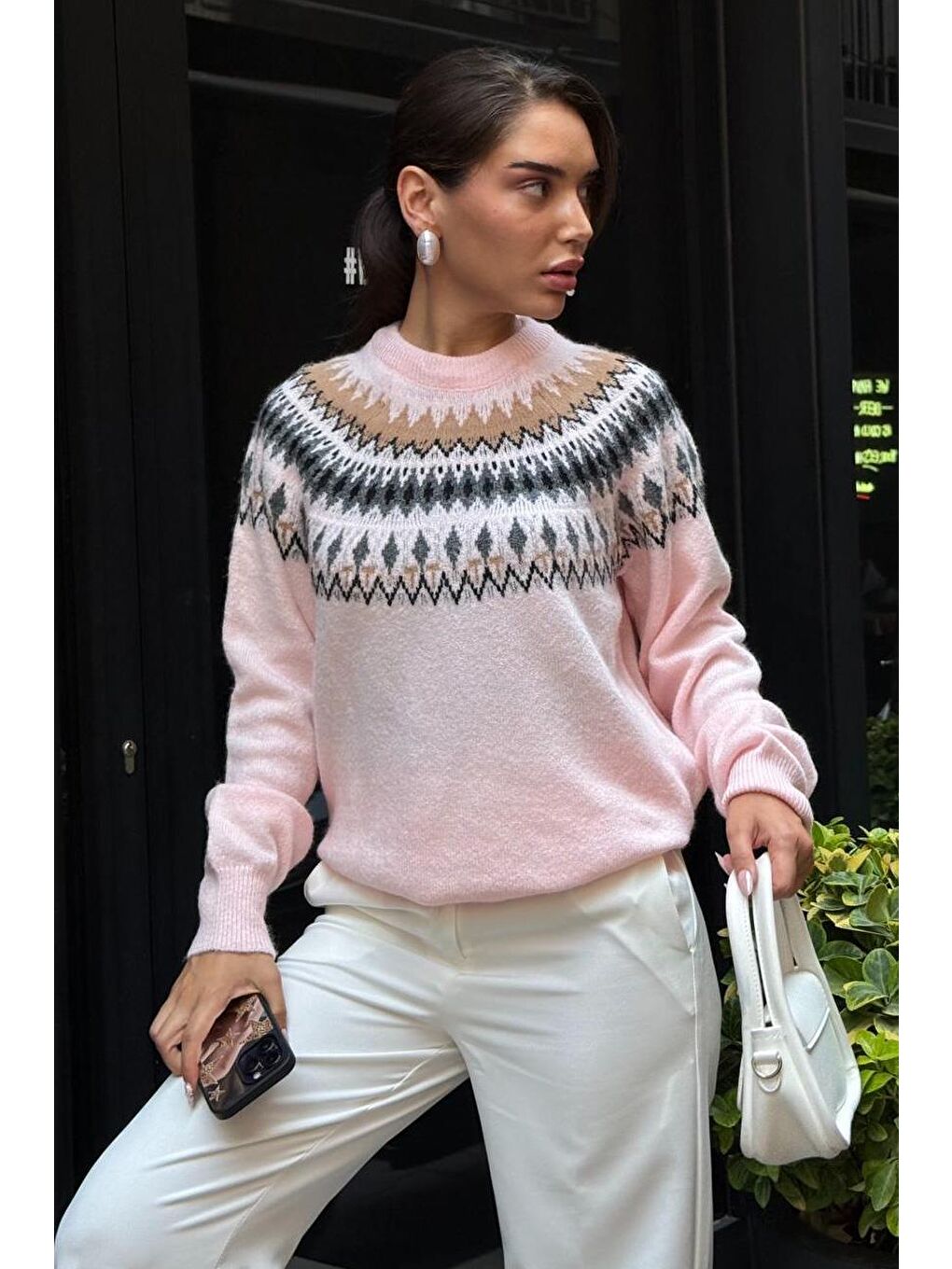 Pembe Bisiklet Yaka Desenli Kadın Triko Kazak Mg2502