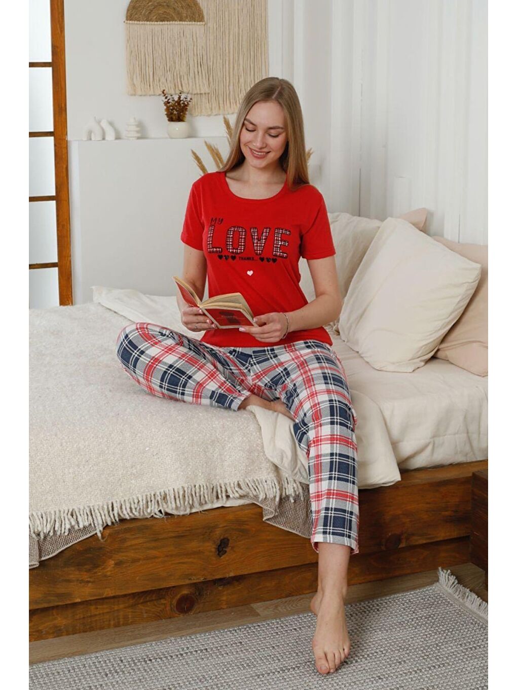 Lacivert Ekose Desenli Bisiklet Yaka Pijama Takımı