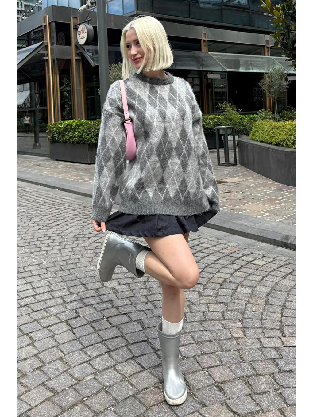 Antrasit Bisiklet Yaka Şardonlu Baklava Desenli Kazak Mg2493-5