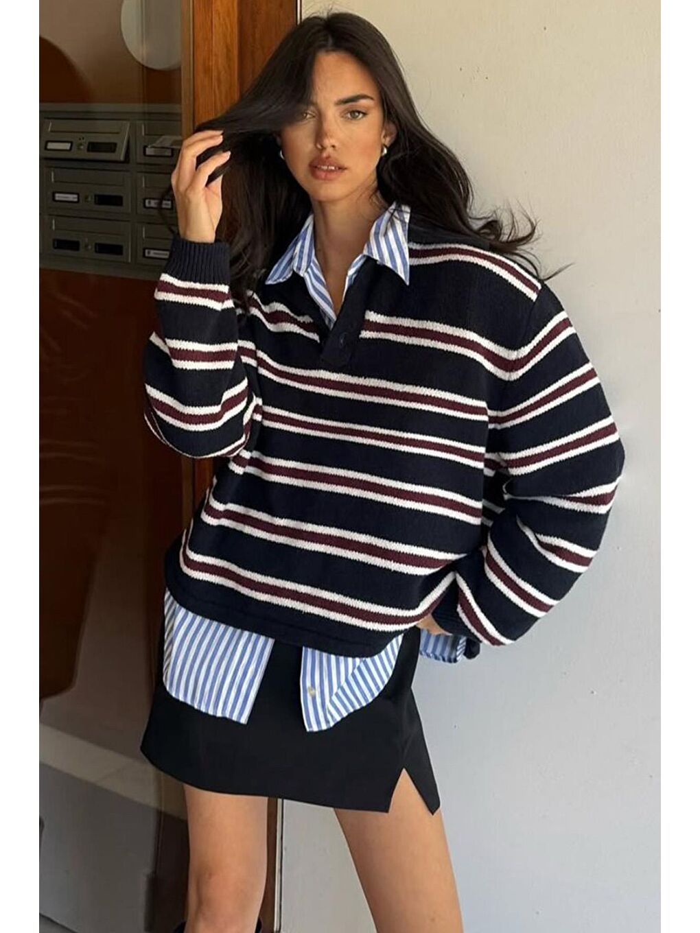 Siyah Polo Yaka Çizgili Kadın Triko Kazak Mg2469