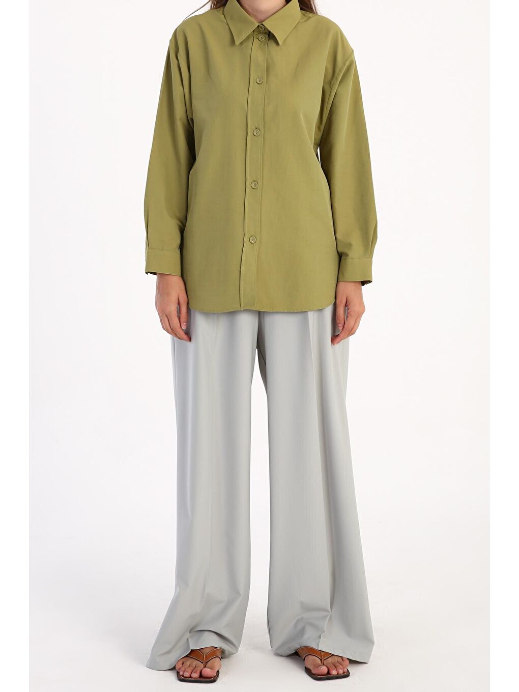 Yağ Yeşili Kumaş Kaplamalı Düğmeli Oversize Gömlek-1