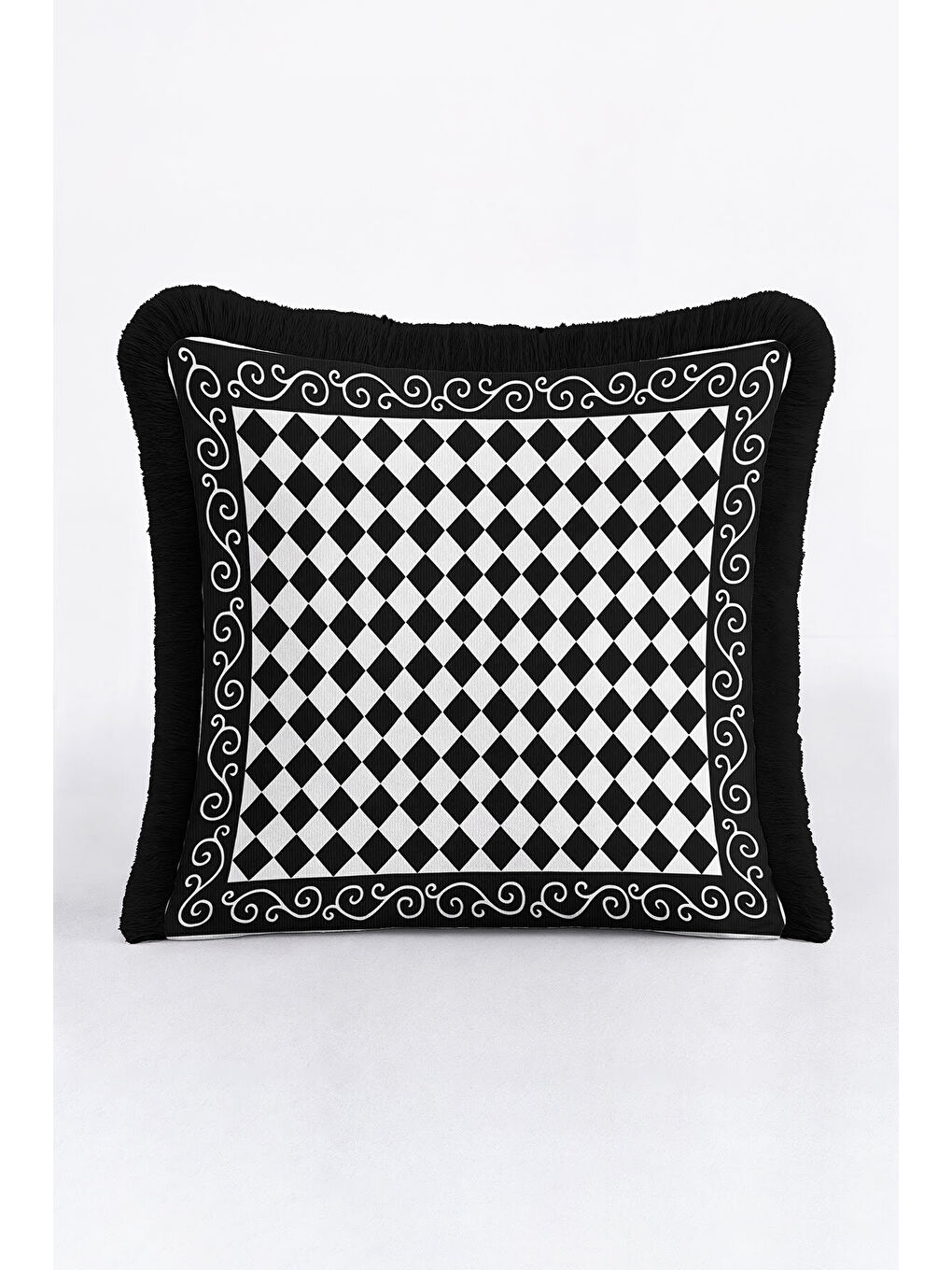 Karışık Harlequin Geometrik Saçaklı Yastık Kılıfı - Siyah Beyaz Klasik Modern Püsküllü Kırlent Kılıfı
