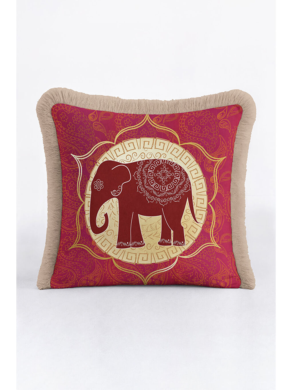 Karışık Hintli Mandala Fil Saçaklı Yastık Kılıfı - Etnik Bohem Kırmızı Sarı Gold Püsküllü Kırlent Kılıfı